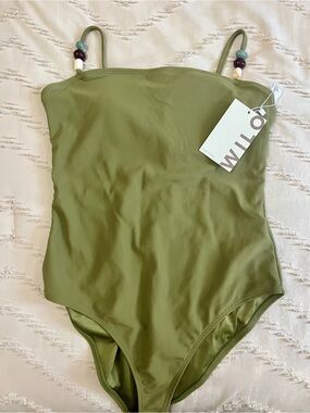 WILO The Label Bead Square Neck One Piece Swimsuit Khaki Ribbed Size M NWT
